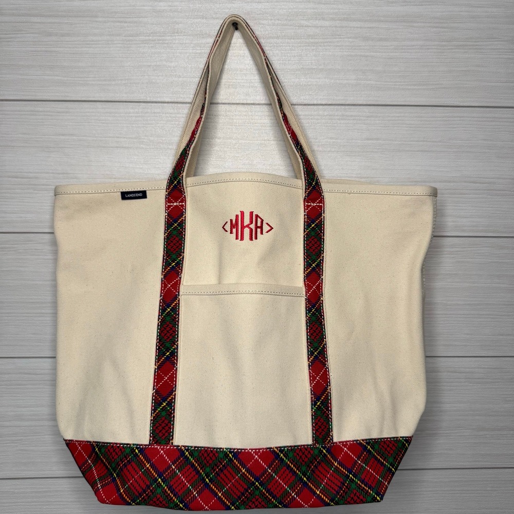 Lands End Canvas‎ Tote Bag Red Plaid Monogram MKA Cream Holiday Travel